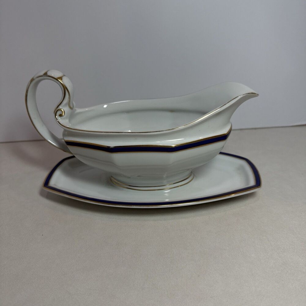 Rosenthal Selb Bavaria Gravy Boat w/ Attached Underplate Gold & Cobalt Trim